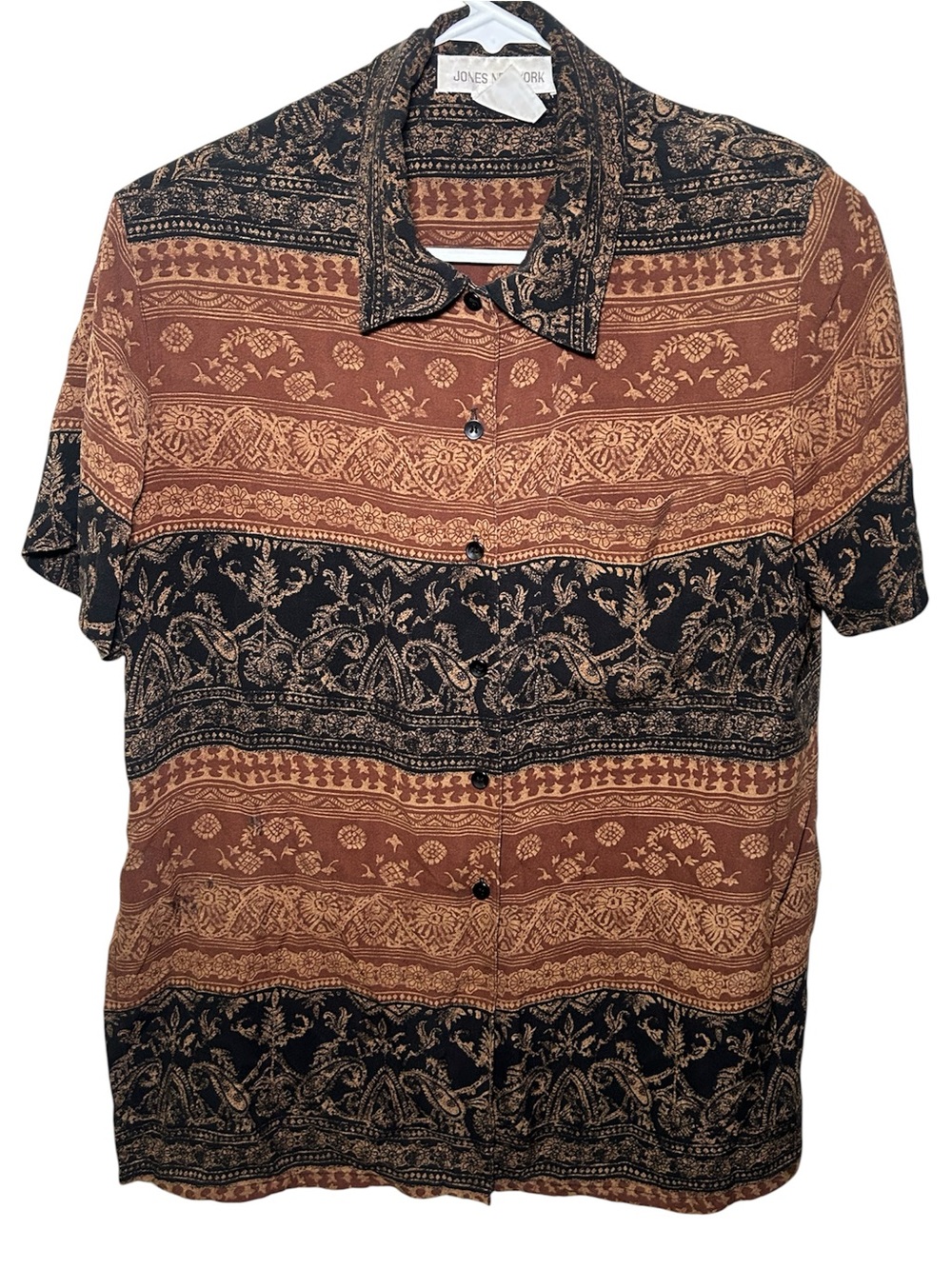 Vintage Jones New York 100% Silk Short-Sleeve Patterned Button-Down Padded Shoul